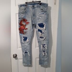 Stylish Light Blue Jeans with Dragon Embroidery